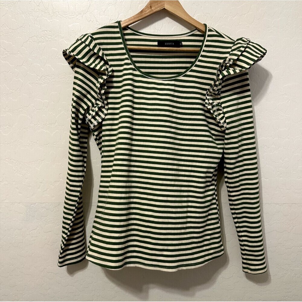 Zesica Womans Striped Ruffled Top Size XL Long‎ Sleeve Holiday Preppy Y2K 70S